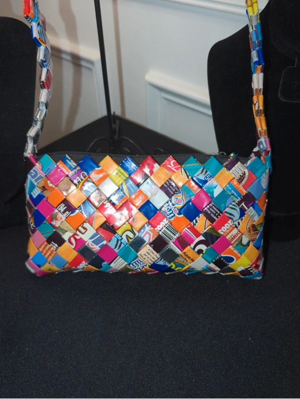 Vintage Multi Color Recycled Wrappers Pocketbook Handbag w Strap